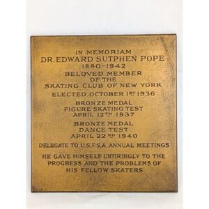 Bronze Memorial Plaque New York Skating Club 1930s Dr Edward Pope Figure Skating